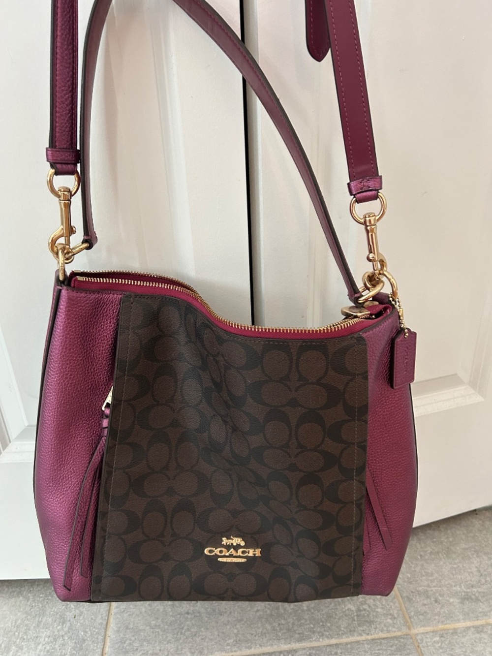 Coach Metallic berry color and brown signature bag - Picture 2 of 10